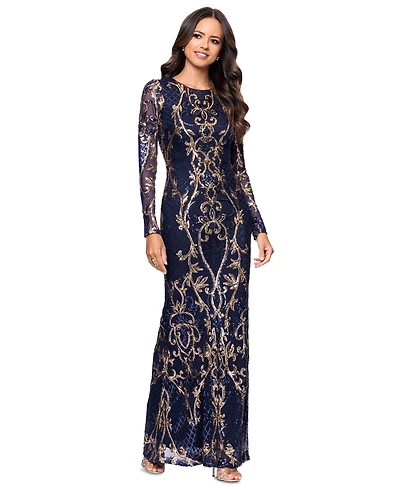 Betsy & Adam Plus Sequined Long-Sleeve Sheath Gown