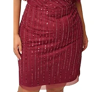 Adrianna Papell Plus Sequin Beaded Flutter-Sleeve Dress