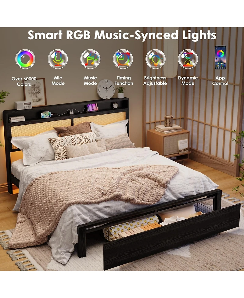 homfan Wooden Rattan Bed Frame Bohemian with Storage and Led Lights | Cane Headboard Charging Station, Slats, Noise-free, No Box Spring