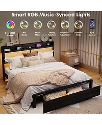 homfan Wooden Rattan Bed Frame Bohemian with Storage and Led Lights | Cane Headboard Charging Station, Slats, Noise-free, No Box Spring