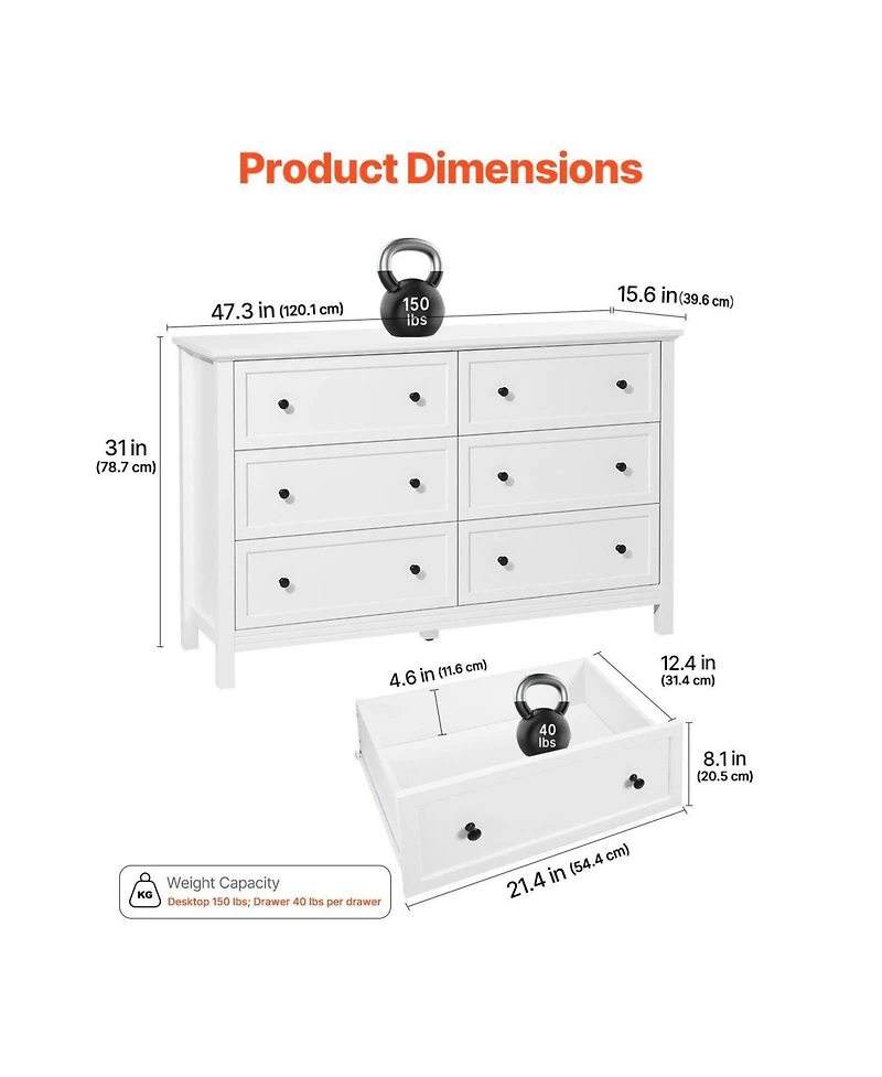 Slickblue 6 Drawer Wooden Dresser with Storage for Bedroom and Entryway