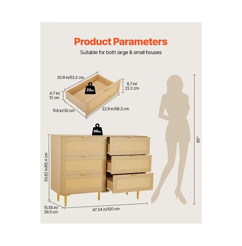 Slickblue Modern Rattan Double Dresser with 6 Drawer Storage Cabinet