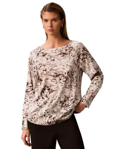 Calvin Klein Womens Boat Neck Button Front Long Raglan Sleeve Blouse