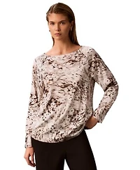 Calvin Klein Womens Boat Neck Button Front Long Raglan Sleeve Blouse