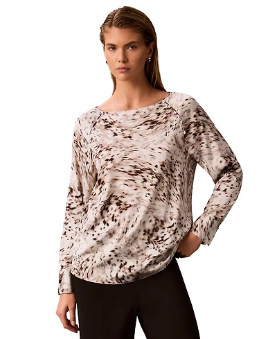 Calvin Klein Women's Boat Neck Button-Front Long-Raglan-Sleeve Blouse