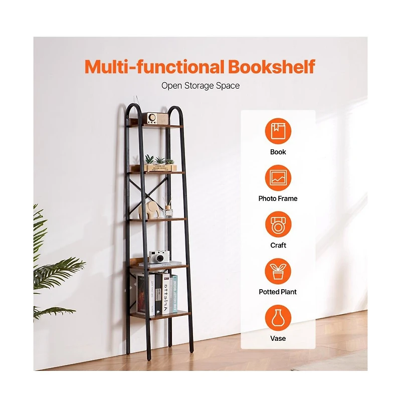 Slickblue Tall Narrow Metal Bookcase with Rustic Open Shelves