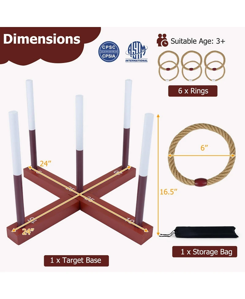 Hongge Wooden Ring Toss 24" x 24" Tool-Free Setup Yard Game with 6 Rope Rings and Storage Bag, Ages 3+