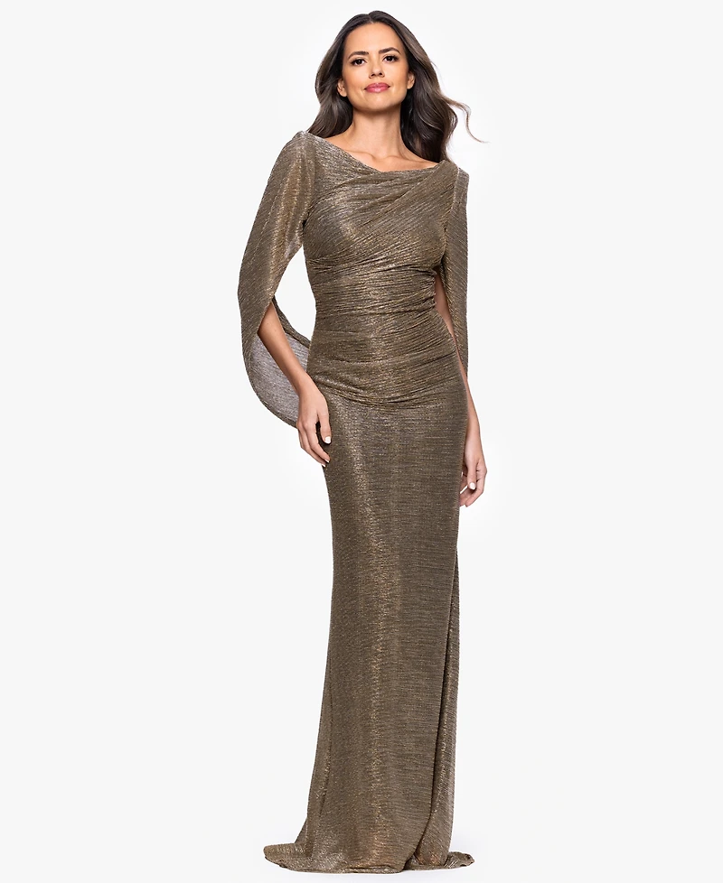 Betsy & Adam Petite Mother of Bride Metallic-Crinkle Long-Sleeve Gown