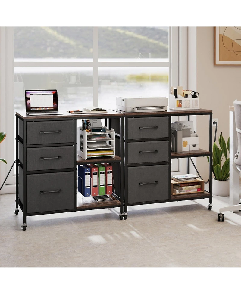 Sugift 3 Drawer Mobile File Cabinet with Charging Station Rolling Printer Stand with 2 Open Shelves