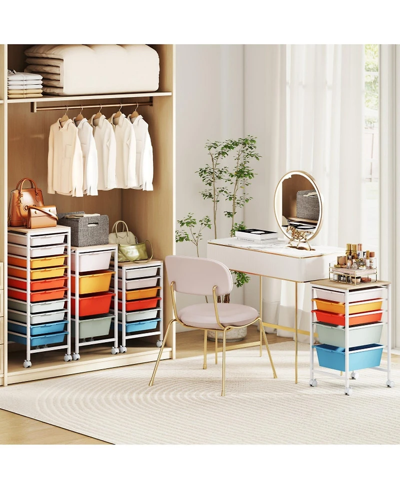Sugift 10-Drawer Rolling Storage Cart Utility Organizer with Wooden Tabletop and Lockable Wheels