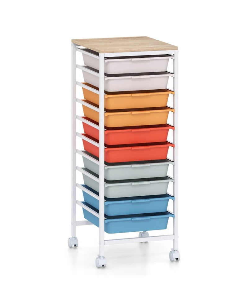 Sugift 10-Drawer Rolling Storage Cart Utility Organizer with Wooden Tabletop and Lockable Wheels