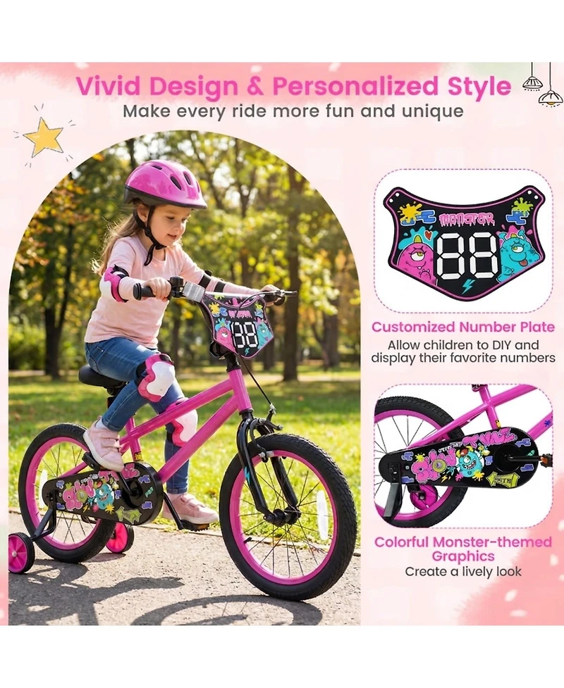 Sugift 16" Kids Bike with Detachable Training Wheels, Dual-Brake Control, Monster-Themed Graphics, Ages 4-7