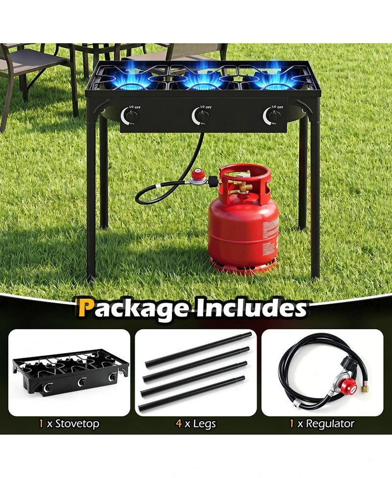 Hongge 3 Burner Propane Stove 240000 Btu with Adjustable Regulator and Hose for Camping