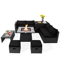 Gouun 9 Piece Outdoor Wicker Sectional Conversation Set with 35 50000 Btu Gas Fire Pit Table