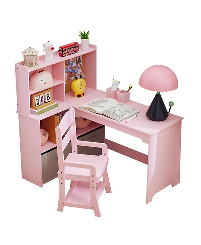 homfan L Shape Kids Desk and Chair Set with Bulletin Board, Open Shelves, Storage Cabinets, and Cloth Drawers, for Study and Play
