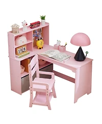 homfan L Shape Kids Desk and Chair Set with Bulletin Board, Open Shelves, Storage Cabinets, and Cloth Drawers, for Study and Play