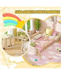 Sugift Twin Size Kids Montessori Floor Bed with Door and Fence