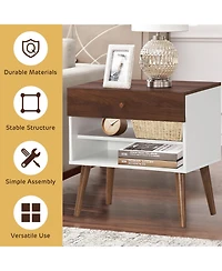 Costway Nightstand End Side Table Drawer Storage Shelf Mid-Century Rubber Wood Leg