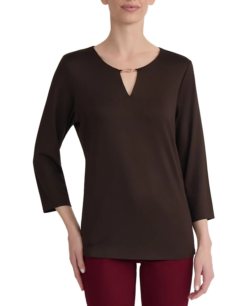 Jones New York Women's 3/4-Sleeve Buckle-Trim Keyhole Jersey Top