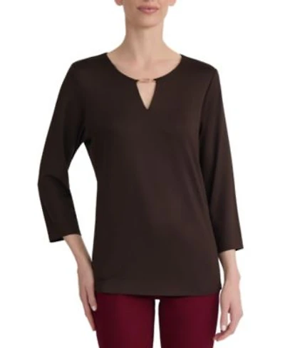 Jones New York Womens 3 4 Sleeve Buckle Trim Keyhole Jersey Top