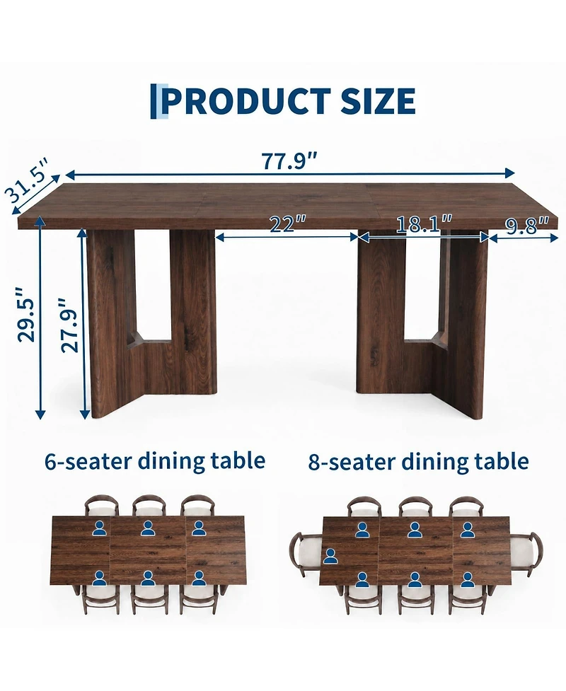 homfan 78'' Large Rectangular Dining Table for 6-8 People, Double Pedestal Base Kitchen Easy-Clean Top Multi-Purpose Indoor Use