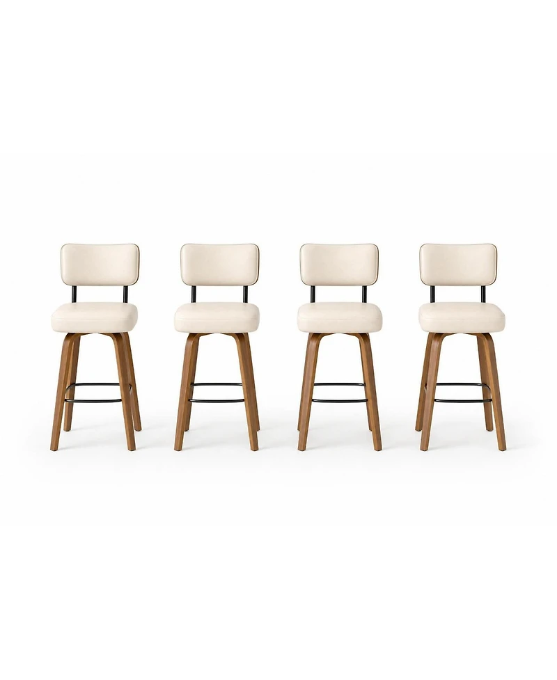 homfan Set of 4 26" Beige Faux Leather Swivel Counter Stools with Back and Bentwood Legs