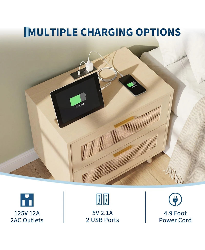 homfan Rattan Nightstand with Charging Station