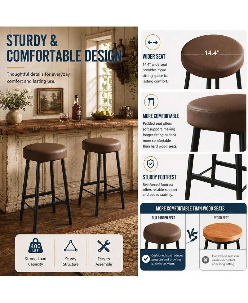 homfan 2-Piece Round Bar Stools – 26" Upholstered Barstools with Footrests, Soft Wider Seat for Kitchen Island and Bar
