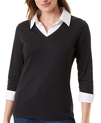 Gloria Vanderbilt Women's Maxine Knit 3/4-Sleeve V-Neck Faux-Layer Blouse