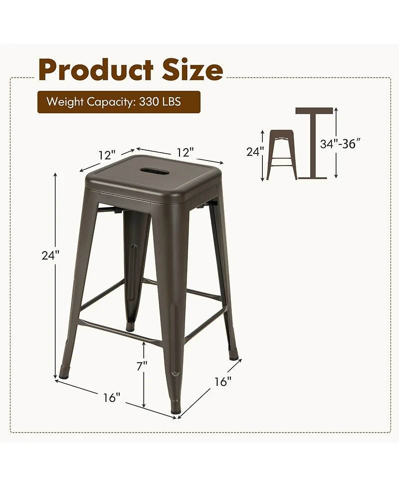 Gymax 24'' Metal Bar Stools Set of 4 w/ Square Seat Patio Bar Stools Home Kitchen