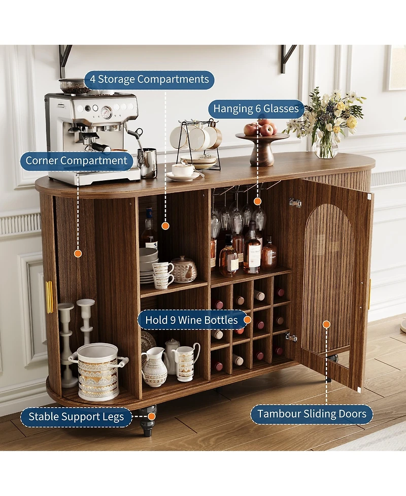 gaomon 55" Mid-Century Bar Cabinet with Sliding Door, Detachable Wine Rack and Glass Holder