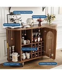 gaomon 55" Mid-Century Bar Cabinet with Sliding Door, Detachable Wine Rack and Glass Holder