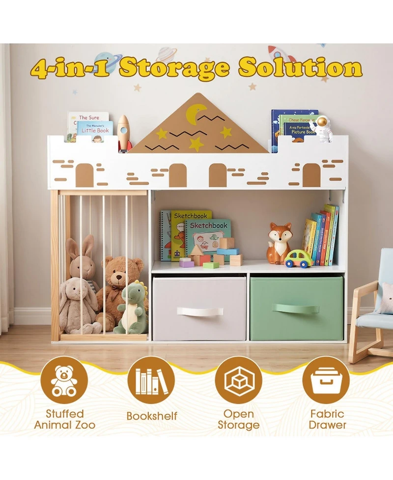 Sugift Kids 4-in-1 Castle Toy Organizer with Plush Storage and Open Shelves