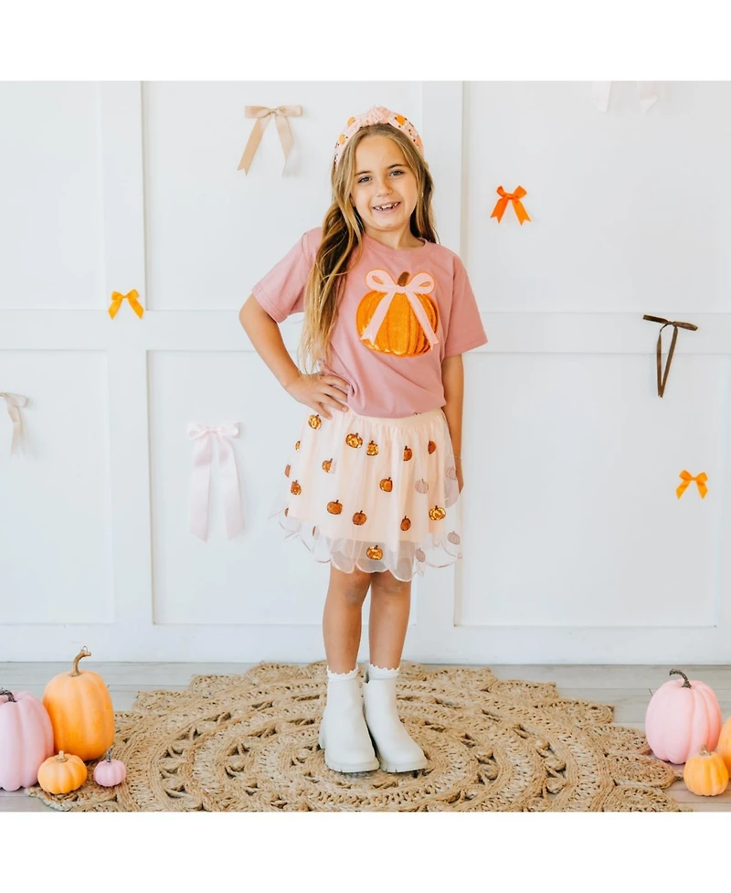Sweet Wink Big Girls Coquette Pumpkin Sequin Patch Short Sleeve T-Shirt