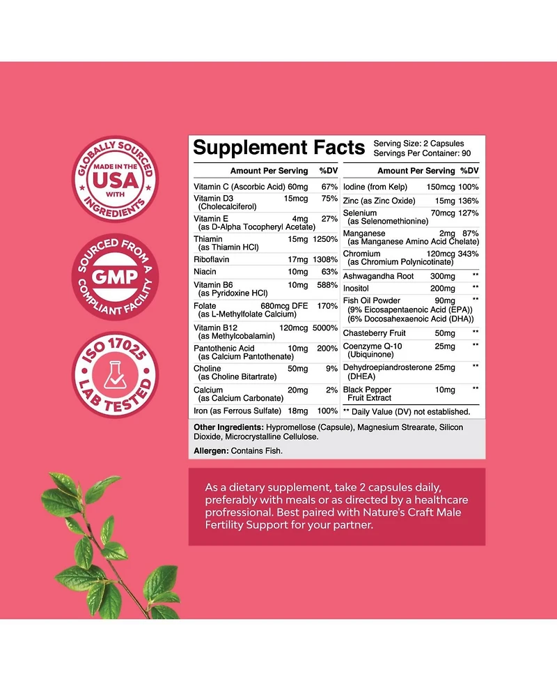 Nature's Craft Women's Fertility Supplement Prenatal Multivitamins,Choline Inositol Folate Chasteberry CoQ10 Blend,Promote Faster Conception,180 Count