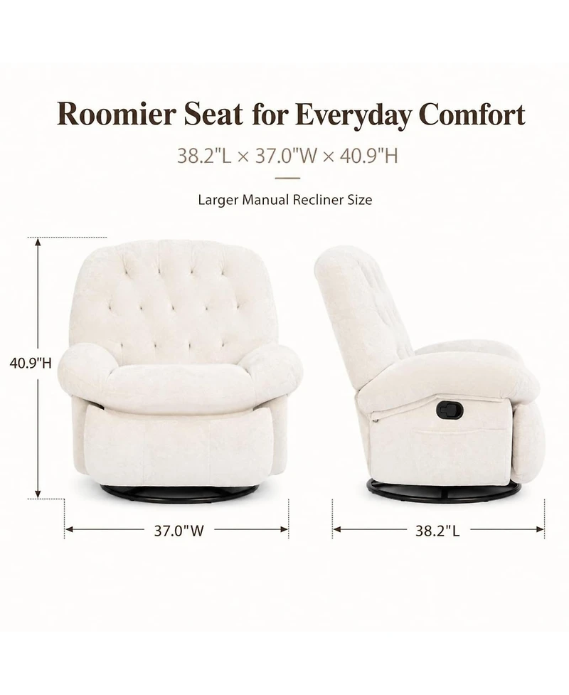 homfan 360 Degree Swivel Rocking Recliner Chair, Chenille Upholstered Lounge Chair with Retractable Footrest and Side Storage Pockets for Living Room