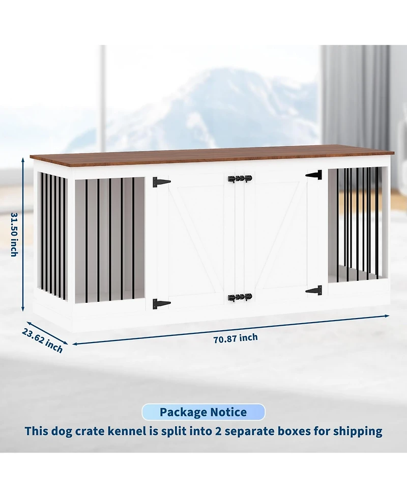 homfan 70.8" Dog Crate Furniture for Dogs, Farmhouse Dog Crate Tv Stand with Removable Divider, Heavy Duty Dog Kennel with Reinforced Steel Bars