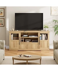 homfan 72" Farmhouse Tv Stand with Wave Pattern and Glass Door Cabinets, Media Console, Light Wood Finish