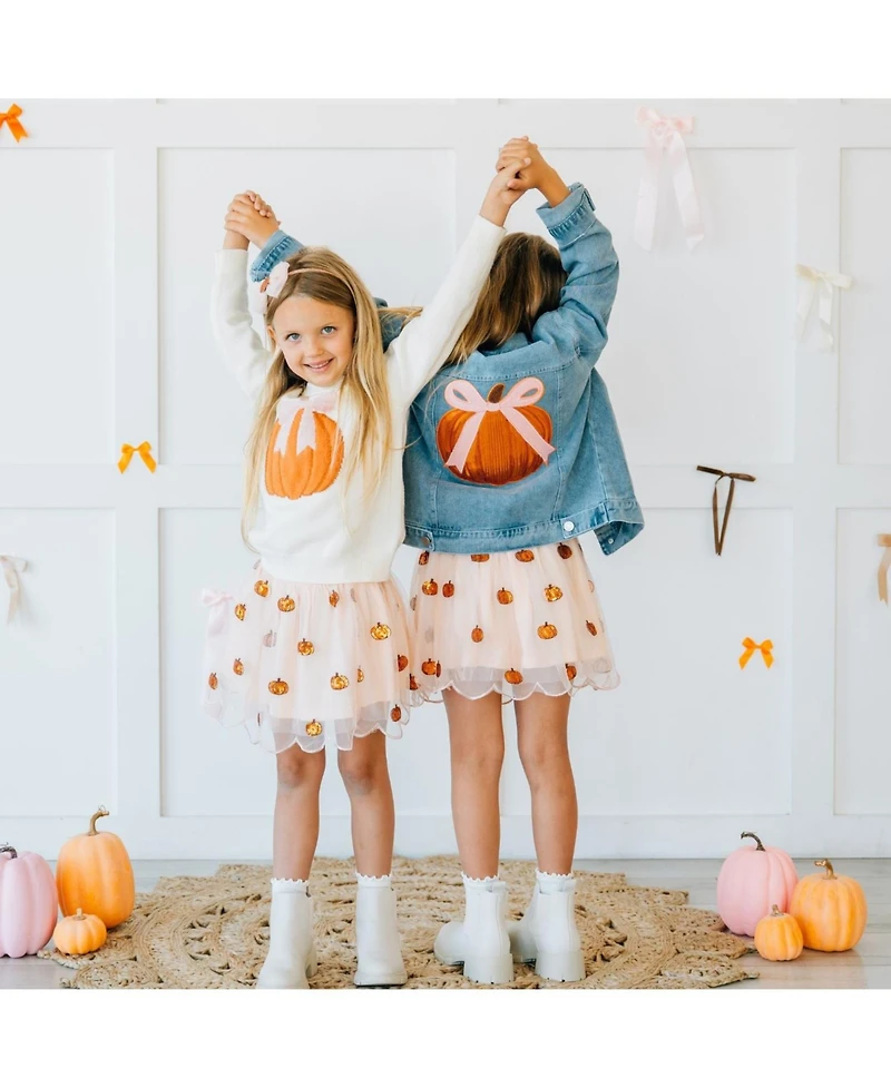 Sweet Wink Little Girls Coquette Pumpkin Sequin Patch Denim Jacket