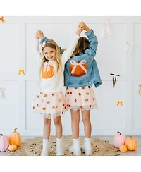 Sweet Wink Little Girls Coquette Pumpkin Sequin Patch Denim Jacket