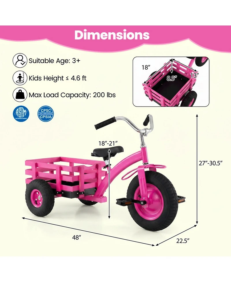 Hongge Kids Tricycle with Inflatable Rubber Tires and Wooden Basket, 200 lbs Capacity, Ages 3+