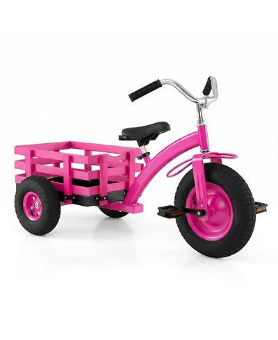 Hongge Kids Tricycle with Inflatable Rubber Tires and Wooden Basket, 200 lbs Capacity, Ages 3+