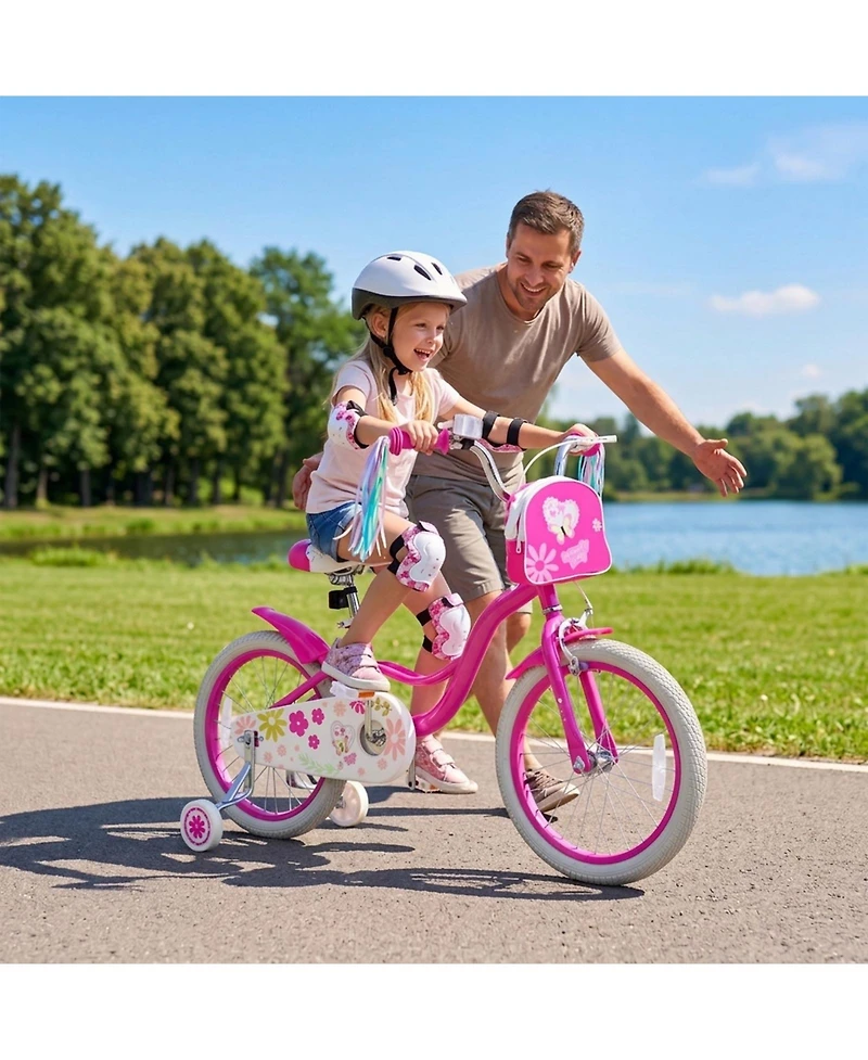 Hongge 18 in Girls Bike with Front Storage Bag and Removable Training Wheels Ages 4-8
