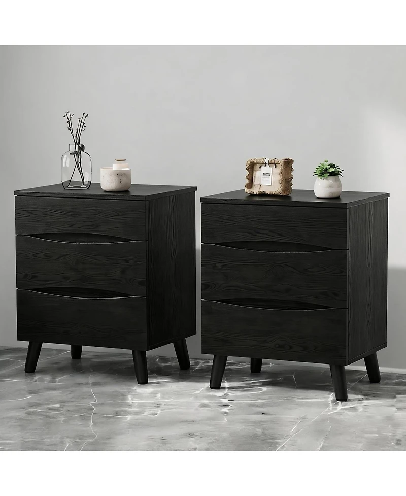 Gaomon Set of 2 Black Nightstands with 3 Drawers and Wood Top, 24" Wide Bedside Tables