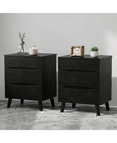 Gaomon Set of 2 Black Nightstands with 3 Drawers and Wood Top, 24" Wide Bedside Tables