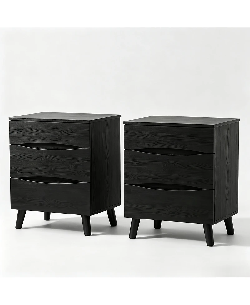 Gaomon Set of 2 Black Nightstands with 3 Drawers and Wood Top, 24" Wide Bedside Tables