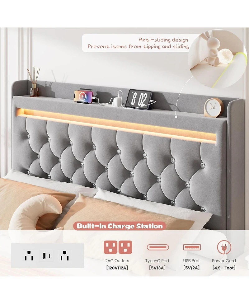 gaomon Queen Size Velvet Led Platform Bed with Storage Headboard