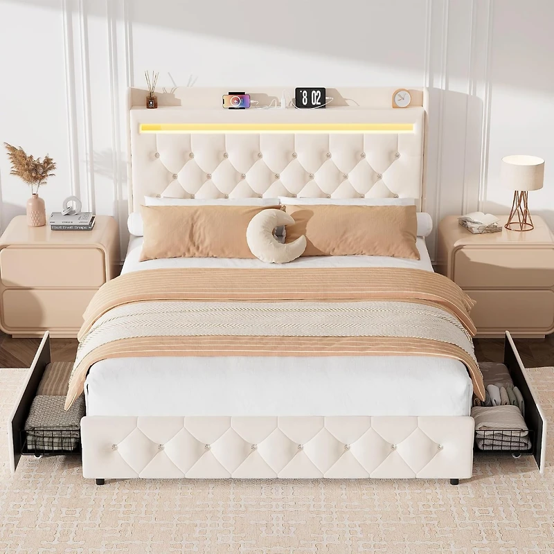 Gaomon Queen Size White Velvet Led Platform Bed with Storage Headboard, Charging and 2 Drawers