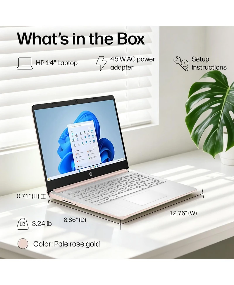 Hp Essential 14" Hd Laptop, Intel N-Series N150, Intel Graphics, 4GB Ram, 128GB eMMC, Wi-Fi 6, Windows 11 Home, Rose
