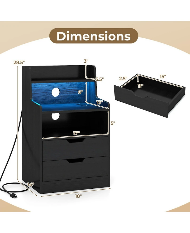 Sugift Led Nightstand with Rgb Lighting Charging Station and 2 Drawers